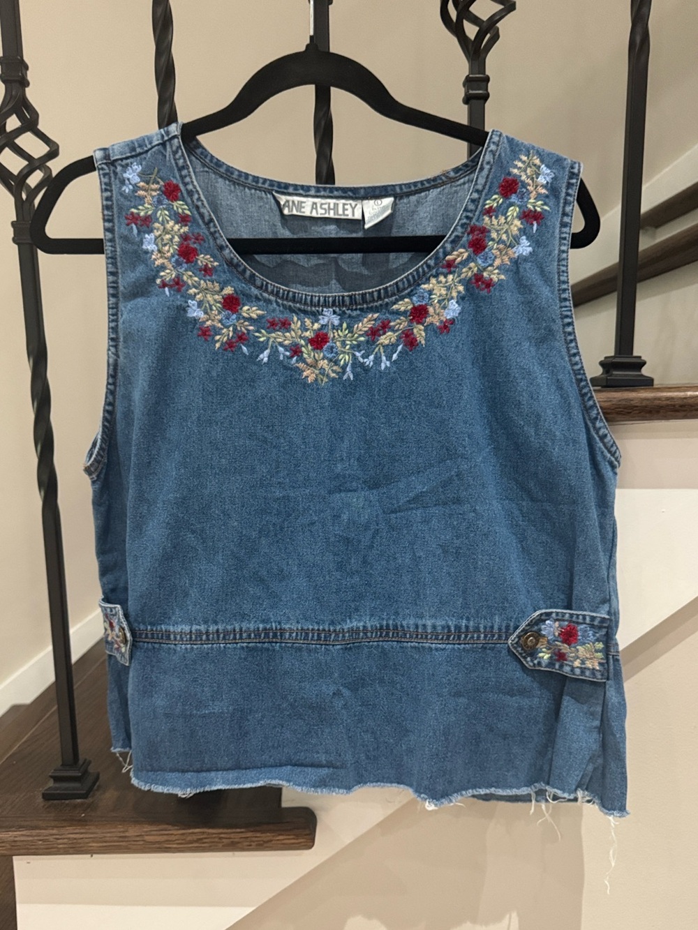 Jane Ashley Vintage Denim 100% Cotton Sleeveless Top with Floral Embroidery